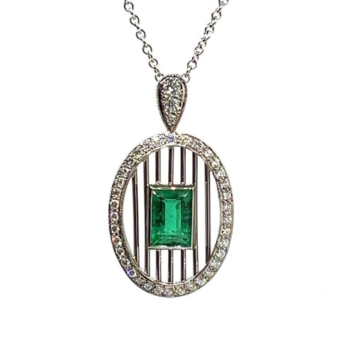 Art Deco Style 'Gatsby- Trellis' Emerald & Diamond Pendant P.5622