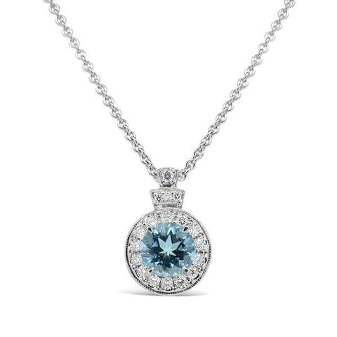 Aqua and diamond halo pendant by Imp Jewellery