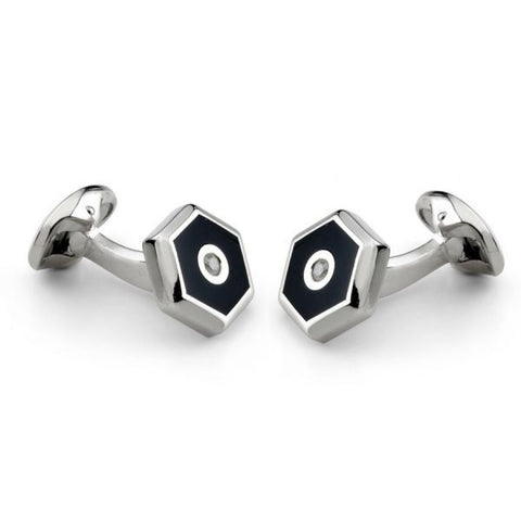 Deakin & Francis Sterling Silver Hexagonal Onyx & Diamond Cufflinks