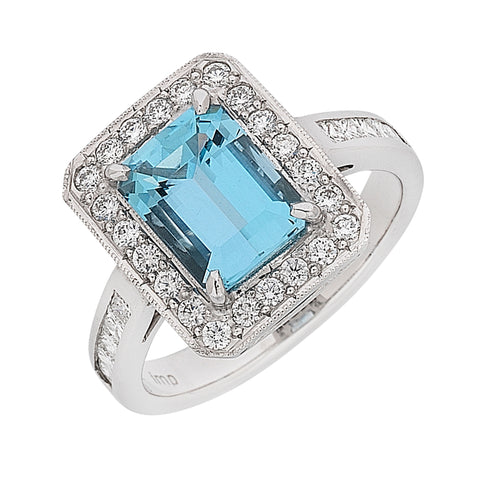 emerald cut aquamarine and diamond halo ring, handmade jewellery Melbourne