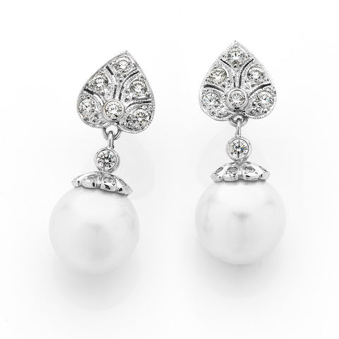 South Sea pearl and diamond articulated drop earrings, art deco style, bespoke jewellery Melbourne