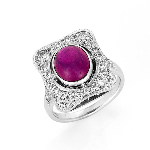 ruby cabochon and diamond cocktail ring, art deco style, bespoke jewellery Melbourne