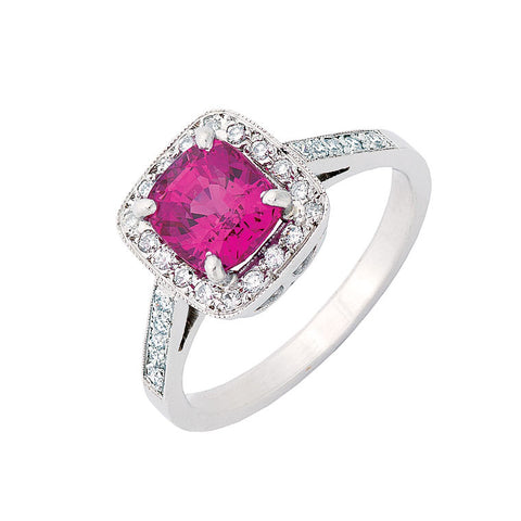 pink sapphire engagement ring with diamond halo, bespoke jewellery Melbourne