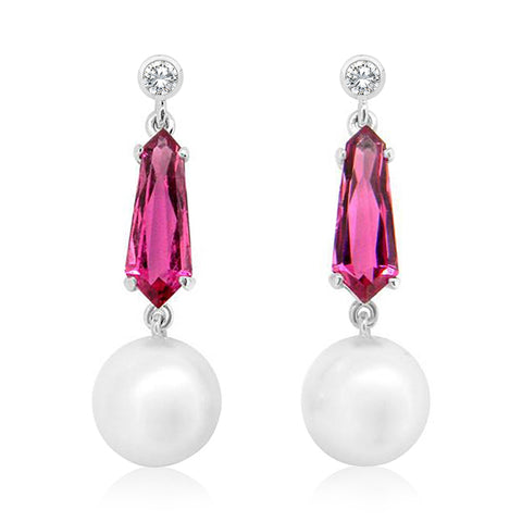 South Sea Pearl, Pink Tourmaline and Diamond Drop Earrings