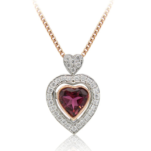 Pink Tourmaline & Diamond Halo Heart Pendant E.1110