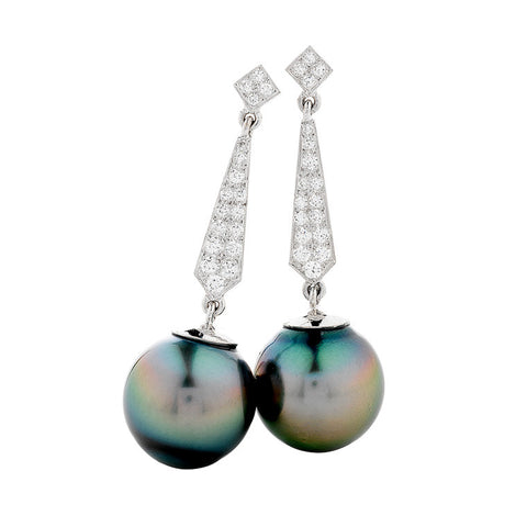 long drop earrings Tahitian pearls with multiple diamonds, post and scroll fittings, designed and handmade by Imp Jewellery