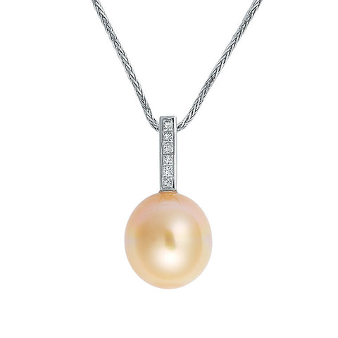 golden South Sea pearl drop pendant with diamond set 'bar' bale, Designed and made by Imp Jewellery