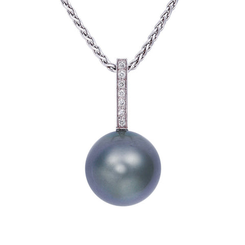 Tahitian pearl drop pendant with diamond set 'bar' bale, handmade by Imp Jewellery