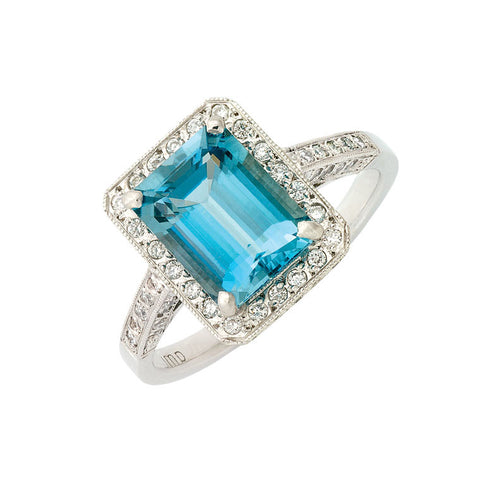 halo aquamarine and diamond ring, bespoke jewellery Melbourne