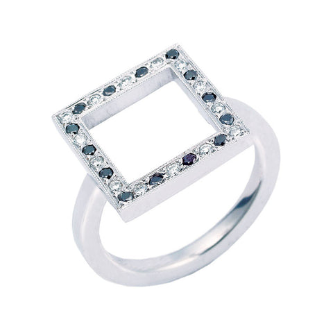 Black diamond and white diamond dress ring, open square shape