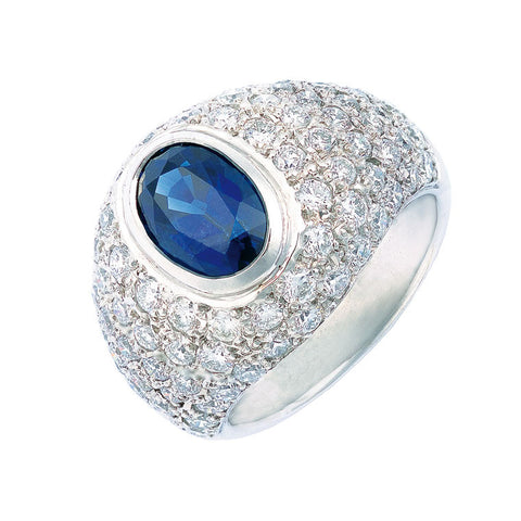 sapphire and diamond dress ring, bombe shape, pave and bezel set