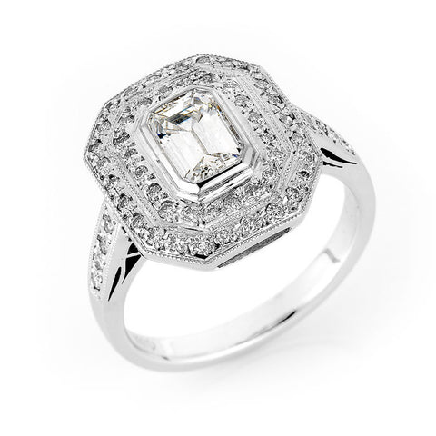 emerald cut diamond double halo ring, bespoke jewellery Melbourne