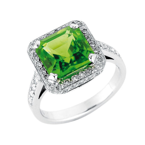 square emerald cut peridot and diamond halo ring, handmade jewellery Melbourne